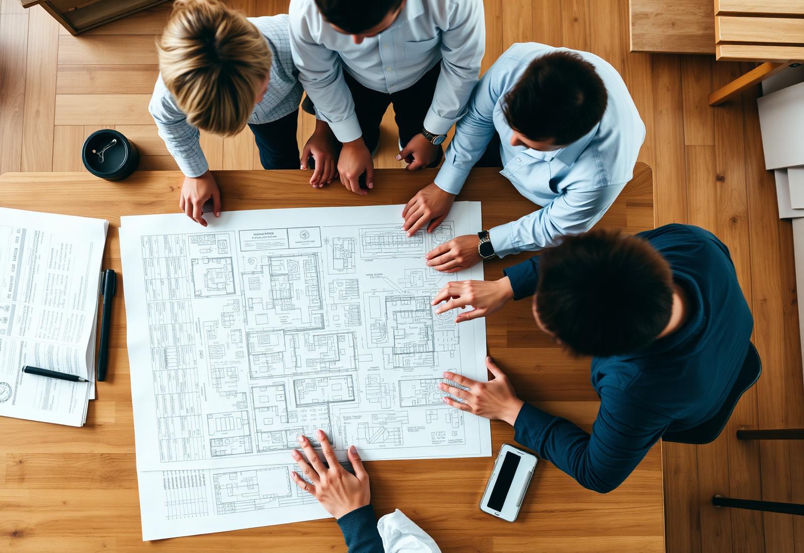 Architects and engineers reviewing blueprints